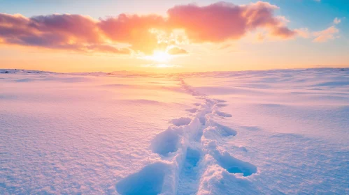 Winter Footprints Under Sunset Sky