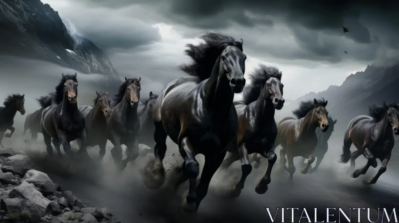 Black Horses in Dark Fantasy - Mystic Symbolism Art AI Image