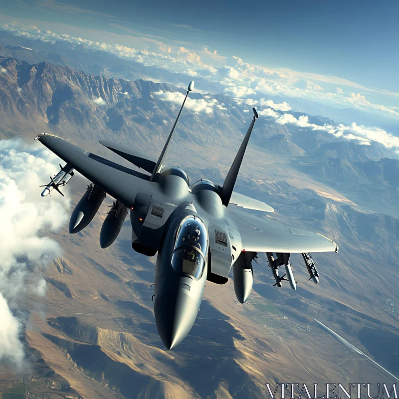 Fighter Jet in Mountainous Sky Vista AI Image