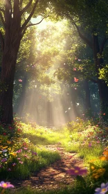 Sunlit Path in a Lush Forest with Butterflies