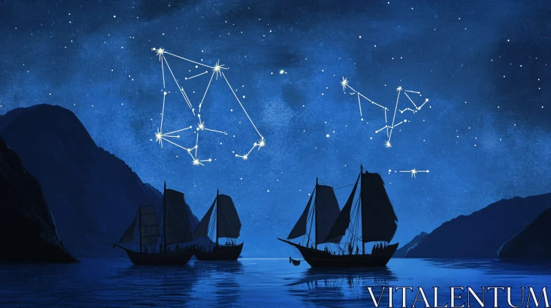 Mystical Night Scene with Sailing Ships and Stars AI Image