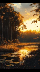 Golden Sunset Over a Tranquil Forest Lake