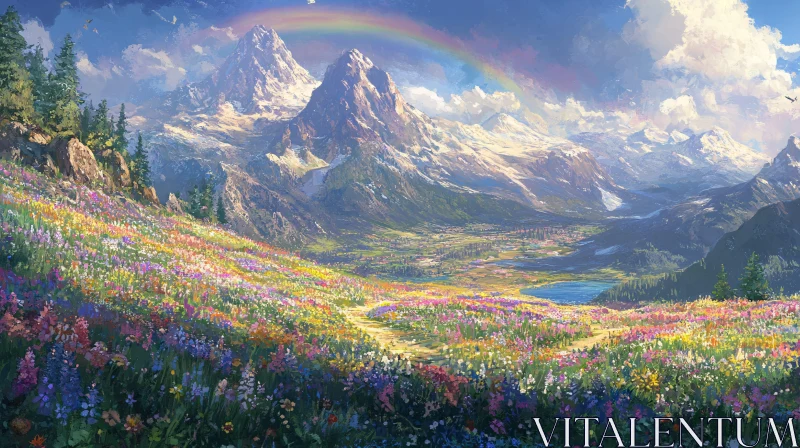 Breathtaking Meadow with Rainbow and Snow-Capped Peaks AI Image