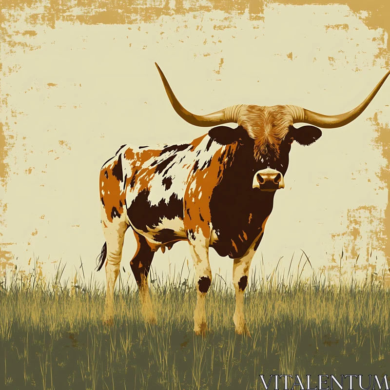 Bull in Rustic Pasture Illustration AI Image