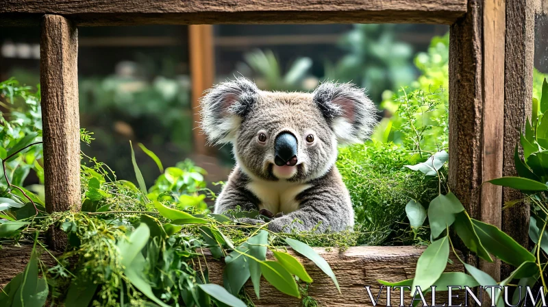 Koala Peeking Through Green Leaves AI Image