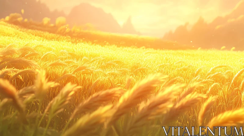 Serene Wheat Field in Golden Sunset AI Image