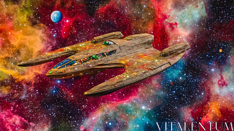 Spaceship Navigating a Vibrant Galaxy AI Image