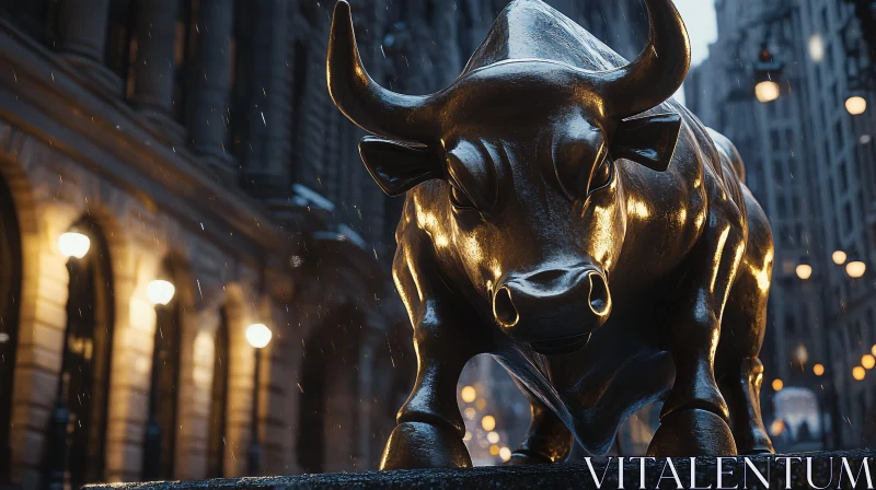 Powerful Bull Statue in Urban Night Setting AI Image