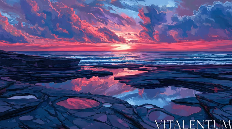 AI ART Serene Coastal Sunset with Reflective Water