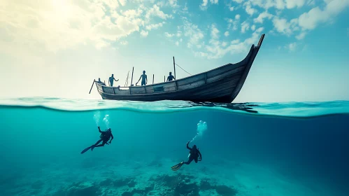 Exploring Underwater with a Traditional Boat Overhead