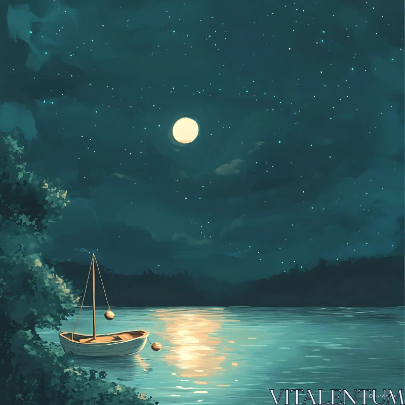 AI ART Tranquil Moonlit Lake with Floating Boat