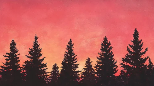 Golden Pink Sunset Behind Pine Trees