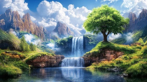 Serene Landscape with Waterfall and Tree