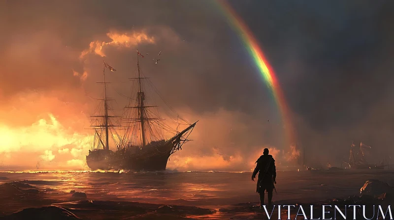 Sunset Sea Adventure with Ship and Rainbow AI Image