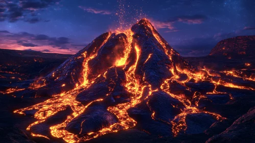 Night Eruption with Flowing Lava