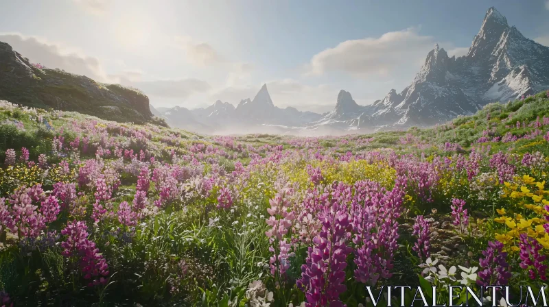 Alpine Landscape with Blooming Meadow and Majestic Peaks AI Image