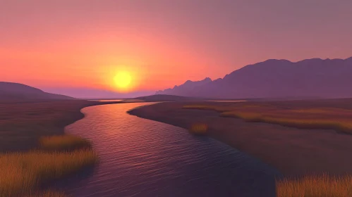 Tranquil Sunset River Landscape with Mountain Silhouettes