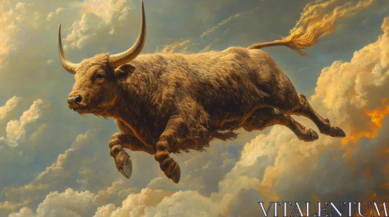 Bull in Cloudy Sky AI Image