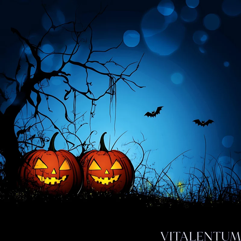 Spooky Halloween Night with Jack-o'-lanterns and Bats AI Image