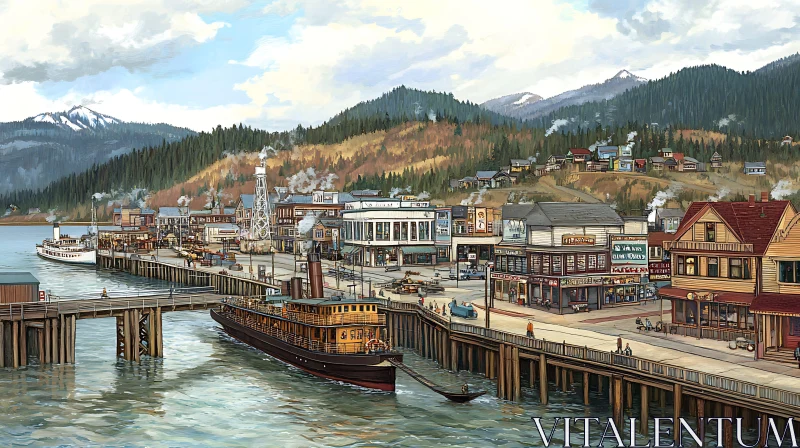 Charming Mountain Harbor Town AI Image