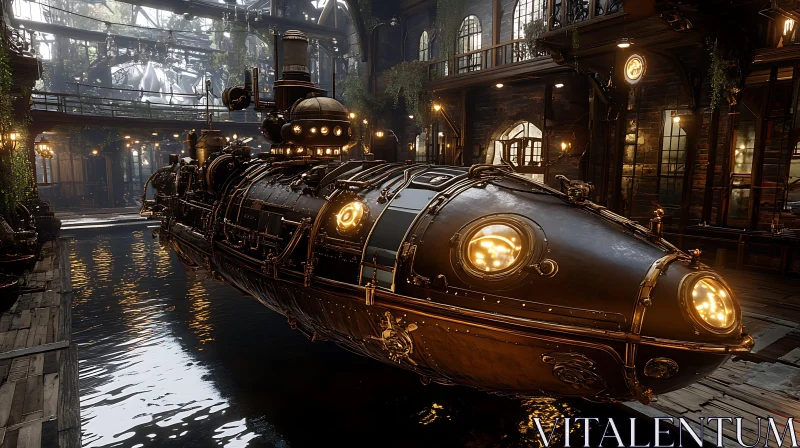 Industrial Steampunk Submarine in a Dockyard AI Image