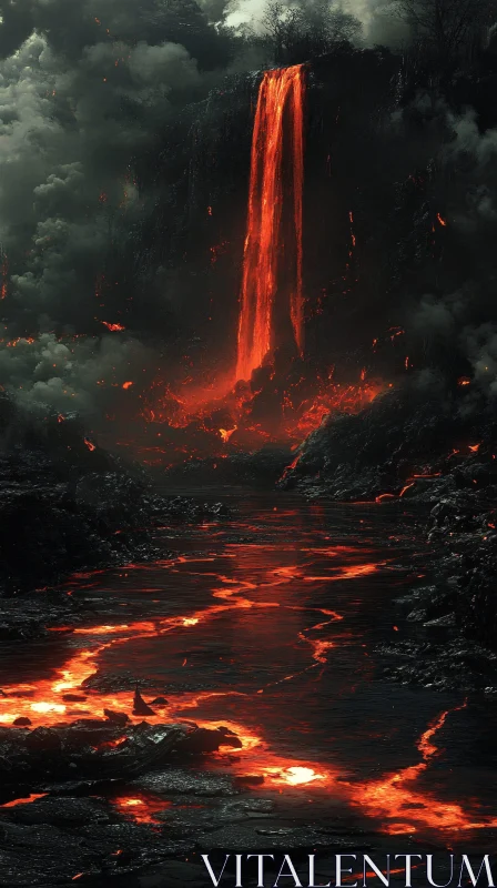 Cascading Lava in a Dark, Fiery Surrounding AI Image