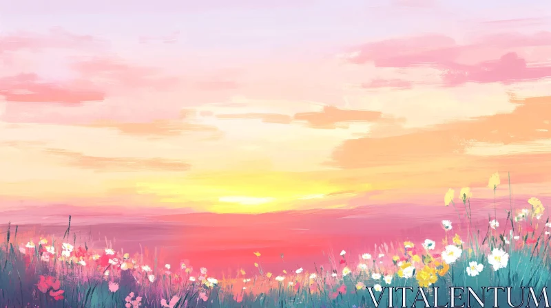 AI ART Serene Sunset with Blossoming Flowers