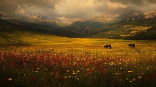 Tranquil Mountainous Field with Grazing Cows