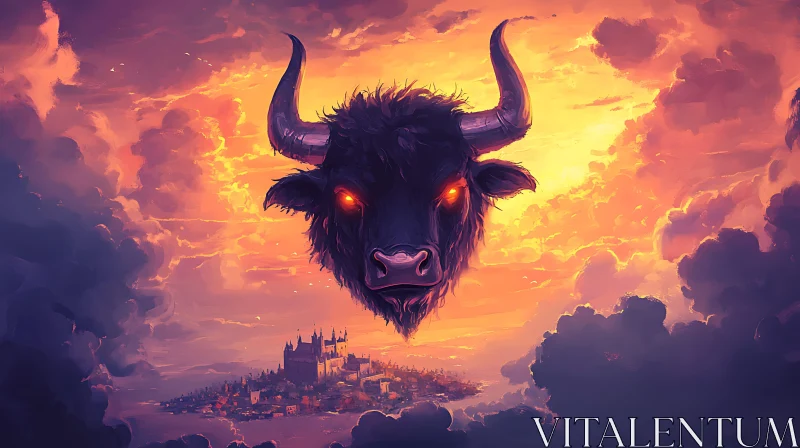 Fantasy Art of Bull and Castle in Sunset Clouds AI Image