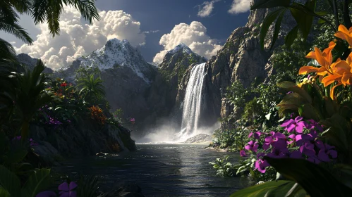 Mountain Waterfall and Floral Paradise