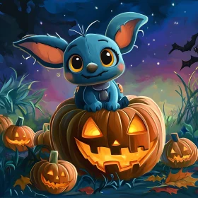 Adorable Blue Character on Jack-o'-Lantern