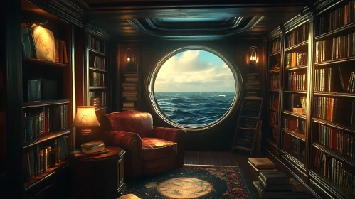 Luxurious Ship Library with Circular Sea View Window