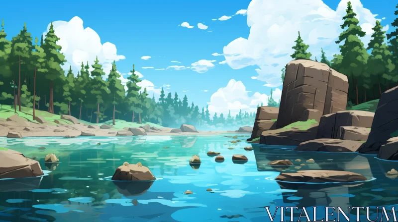 Anime Style Serene Lake Encased in Nature's Beauty AI Image