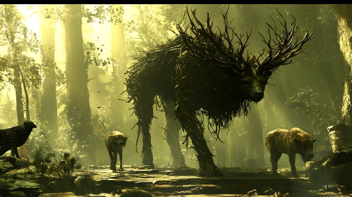 Enchanted Woodland Scene with Mythical Beast