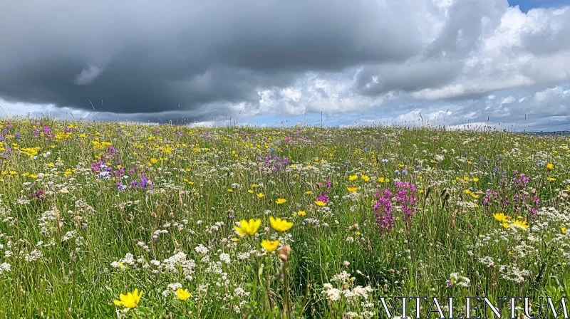 Colorful Wildflowers Against Dark Clouds AI Image