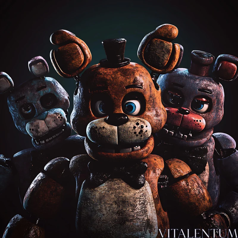 Three Creepy Animatronics with Expressive Eyes AI Image