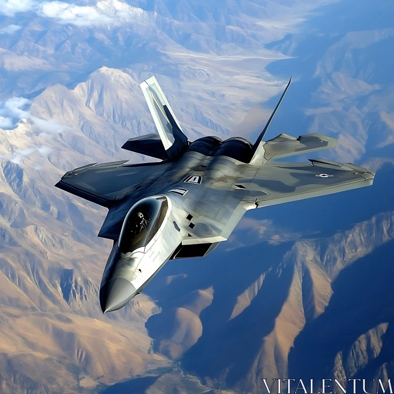 Aerial View of Fighter Jet Over Mountains AI Image