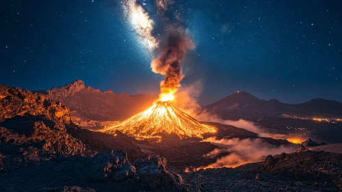 Volcano Erupting at Night with Visible Milky Way