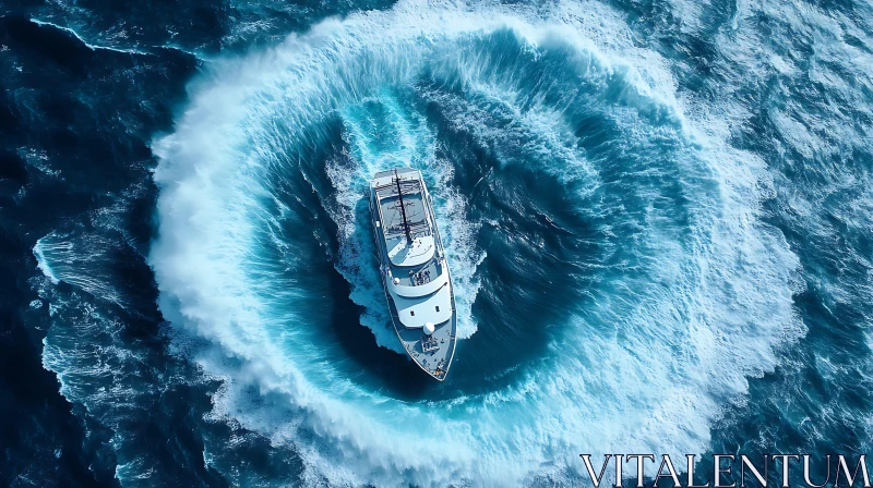 Boat's Circular Wake from Above AI Image