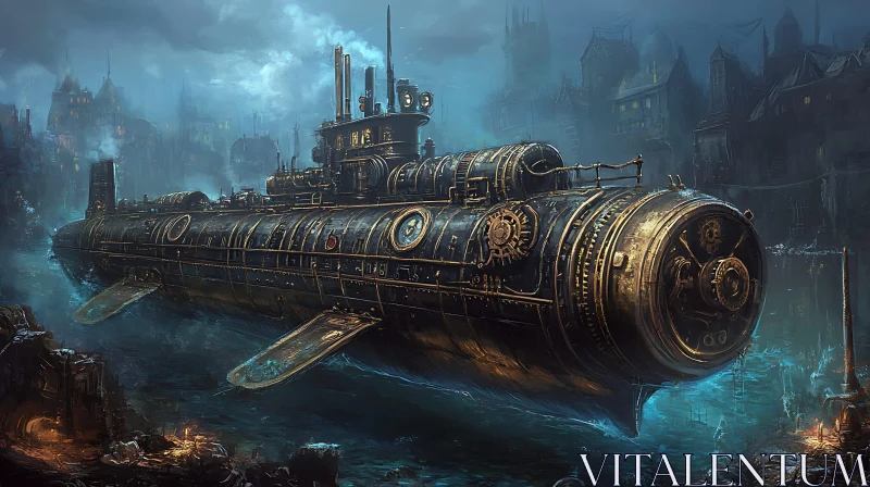 Metallic Steampunk Submarine at Night AI Image