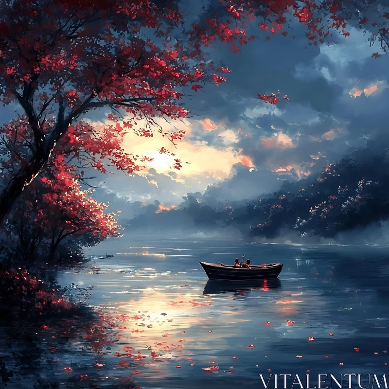 Peaceful Lakeside Sunset Boat Scene AI Image