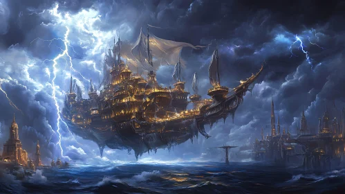 Epic Floating City-Ship in a Storm