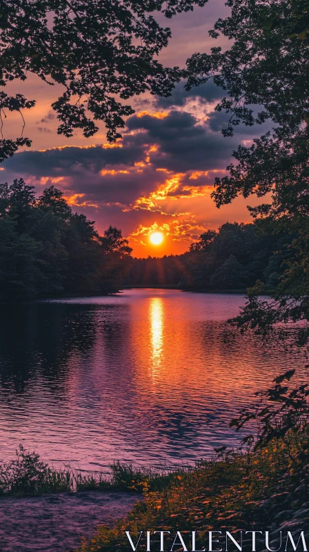 Tranquil Sunset Scene at Lake AI Image