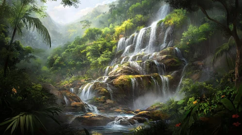 Serene Cascading Waterfall in Lush Greenery