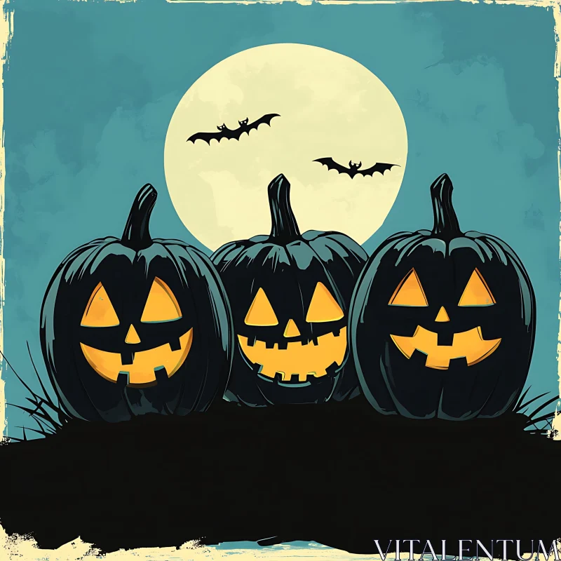 AI ART Halloween Night with Glowing Pumpkins and Bats