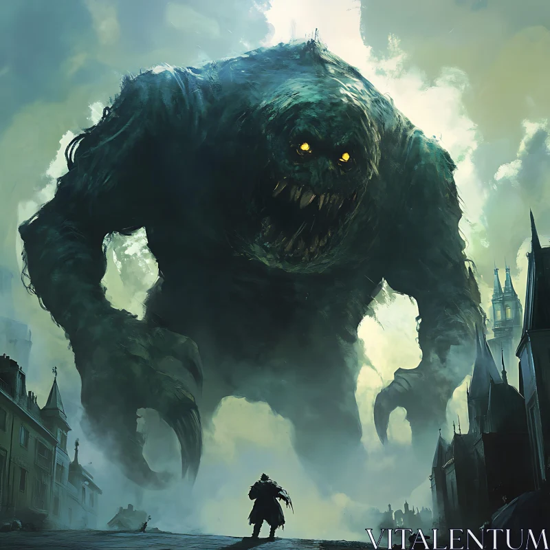 Colossal Creature in Misty Cityscape AI Image