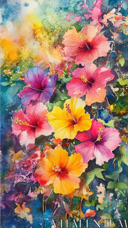 Colorful Hibiscus Watercolor Art AI Image