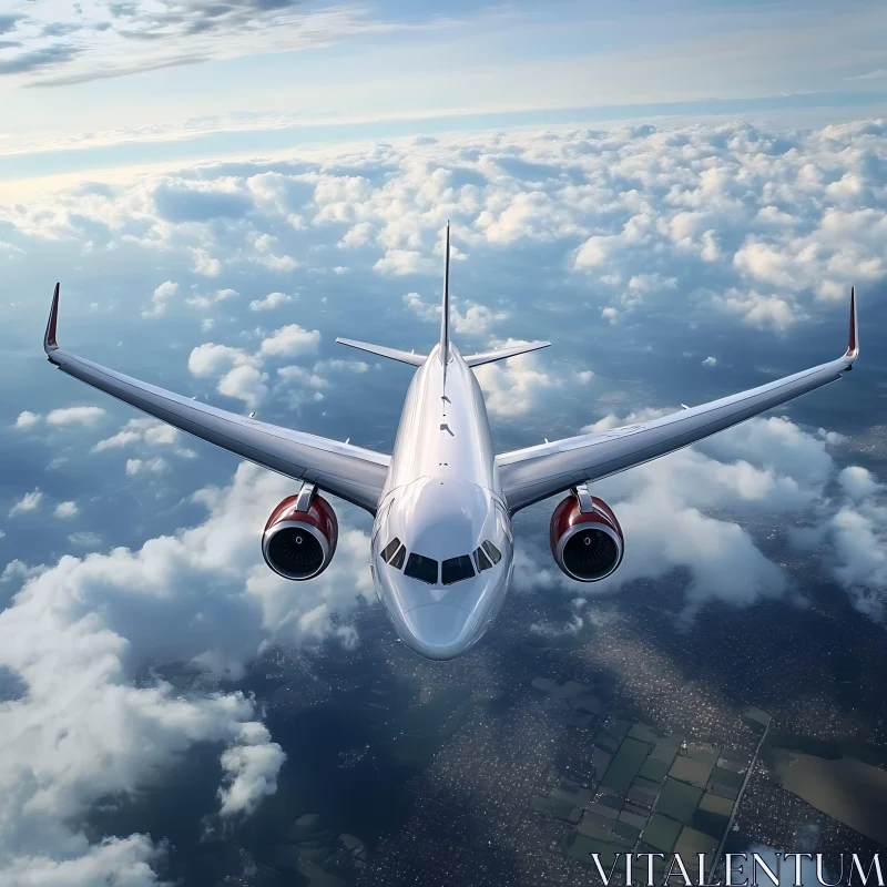 Airplane Soaring Over Cloud-Covered Land AI Image