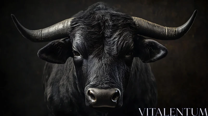 Intense Portrait of Black Bull with Imposing Horns AI Image