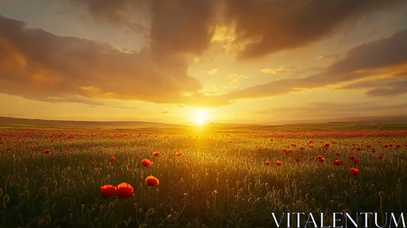 Sunset Glow Across Poppy Meadow AI Image